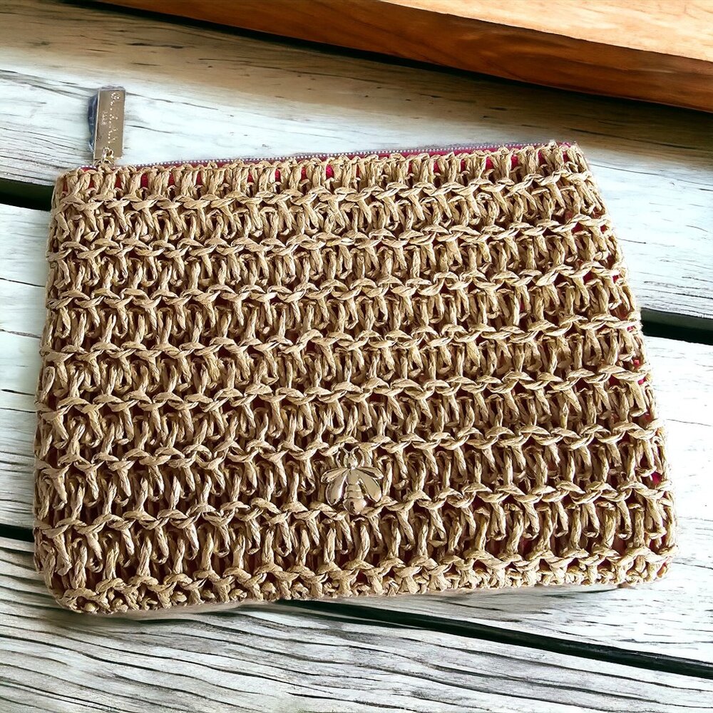 New Guerlain Paris 7 X 5 1/2" Paper/Straw Exterior Summer / Make Up Bag